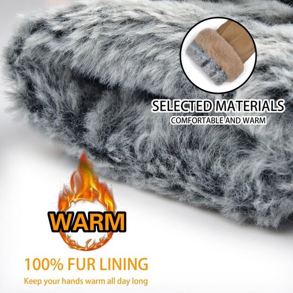 Harssidanzar Women's Khaki Winter Warm Lined With Fur Cuff Leather Gloves - Picture 4 of 7